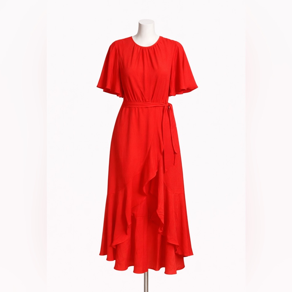French Connection Red Wrap Midi Dress | Flutter Sleeve Ruffle Hem Cocktail Dress